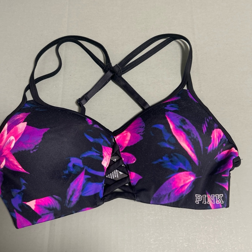 PINK Victoria's Secret Floral Print Black & Pink Wireless Bra